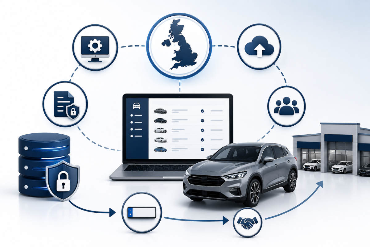 Graphic showing a laptop with car listings connected by dotted lines to icons representing settings, UK map, cloud upload, user group, database with lock, USB drive, handshake, and a car in front of a dealership building