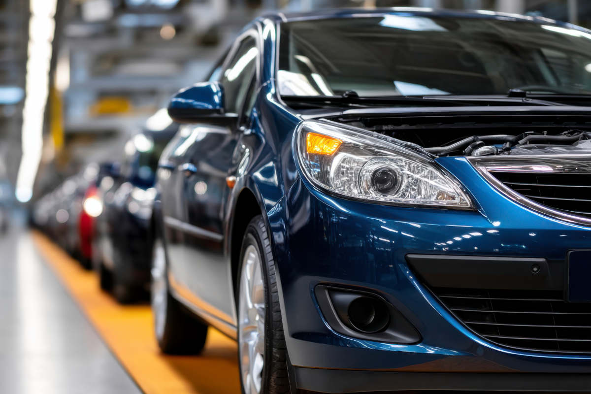 Row of cars in a factory assembly line with the front car's hood open