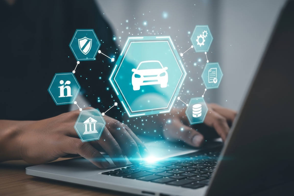 Hands typing on a laptop keyboard with floating hexagonal icons showing a car, shield, gear, document, database, bank building, and a symbol with a tilde